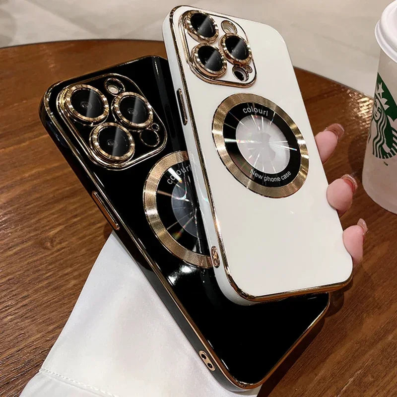 Luxury Plating Logo Hole Strong Magnetic Case For IPhone 15 14 13 12 11 Pro Max Plus Wireless Charging Magsafe Lens Film Cover