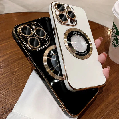 Luxury Plating Logo Hole Strong Magnetic Case For IPhone 15 14 13 12 11 Pro Max Plus Wireless Charging Magsafe Lens Film Cover