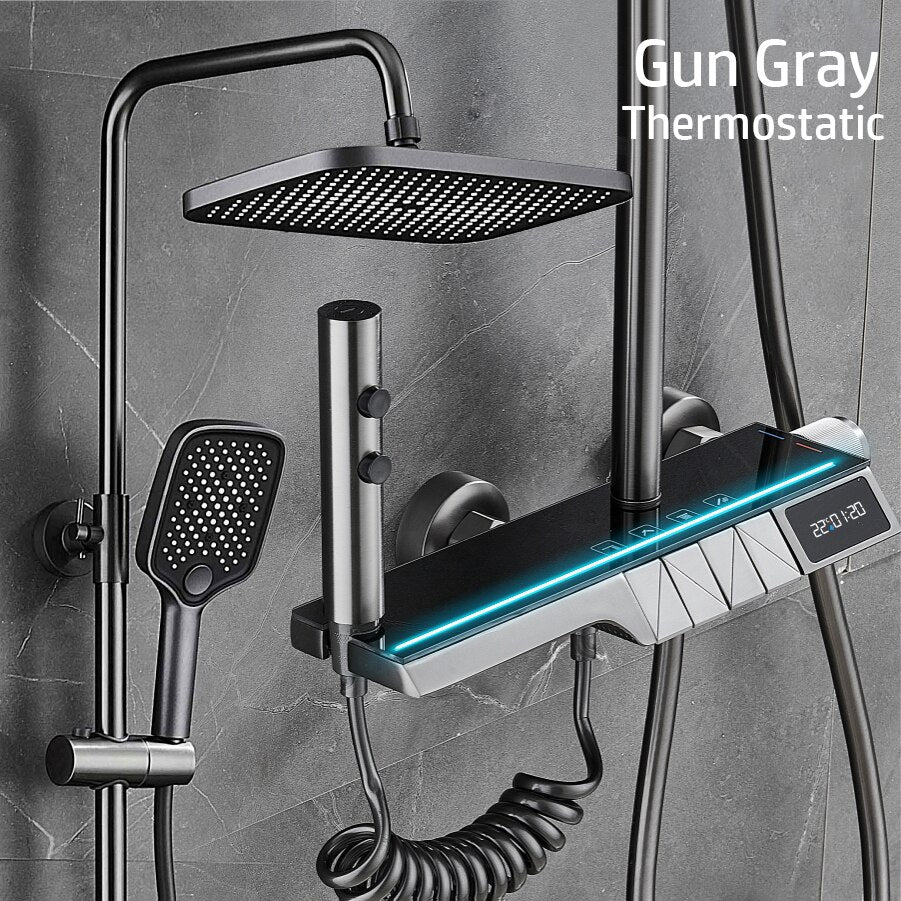 Wall Mounted Digital Display Ambient Light Button Four-Position Shower Set Thermostatic Shower System Bathroom Luxury Shower Set