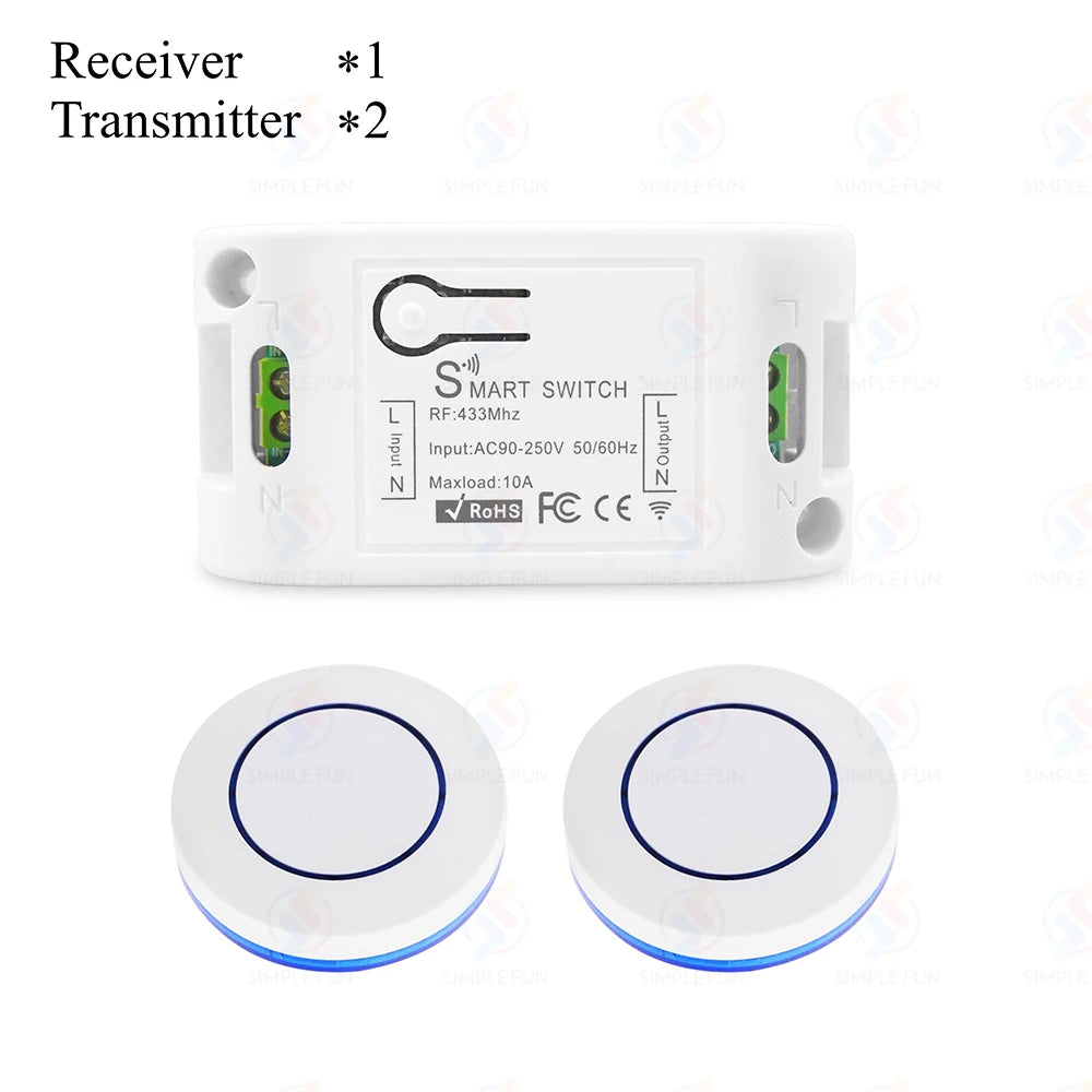 Wireless RF433MHz Remote Control Switch AC 110V 220V 10A Relay Receiver and Round Button Transmitter for Light Lamp Fan ON/OFF