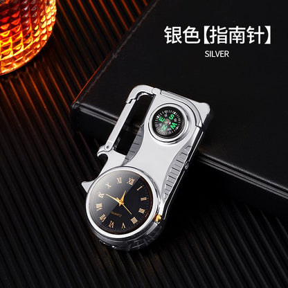 Outdoor Compass Keychain Inflatable Windproof Lighter Multi-function Watch Bottle Opener Red Flame Butane Lighters Survival Tool