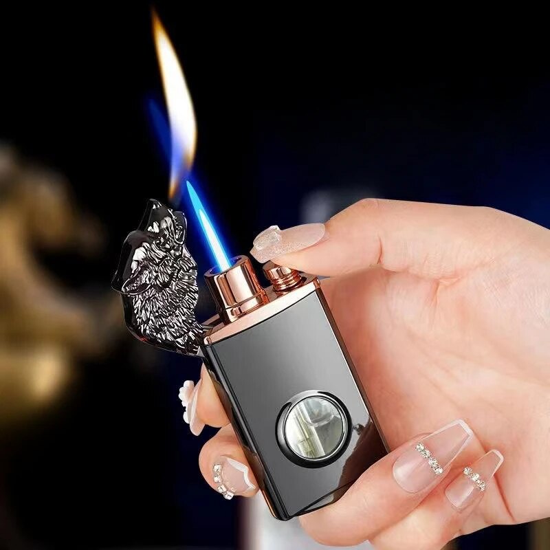 New Creative Wolf Head Double Flame Lighter Straight + Open Flame LED Light Visible Transom Inflatable Lighter Men's Gift