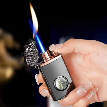 New Creative Wolf Head Double Flame Lighter Straight + Open Flame LED Light Visible Transom Inflatable Lighter Men's Gift