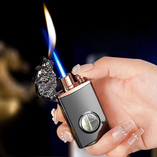 New Creative Wolf Head Double Flame Lighter Straight + Open Flame LED Light Visible Transom Inflatable Lighter Men's Gift