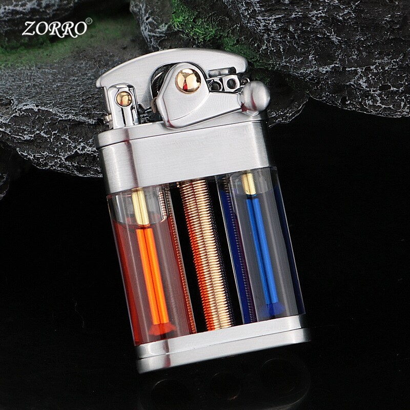 Zorro Rocker Kerosene Lighter Transparent Fuel Tank Metal Retro Grinding Wheel Lighter Visual Fuel Tank Lighter Men's Gift