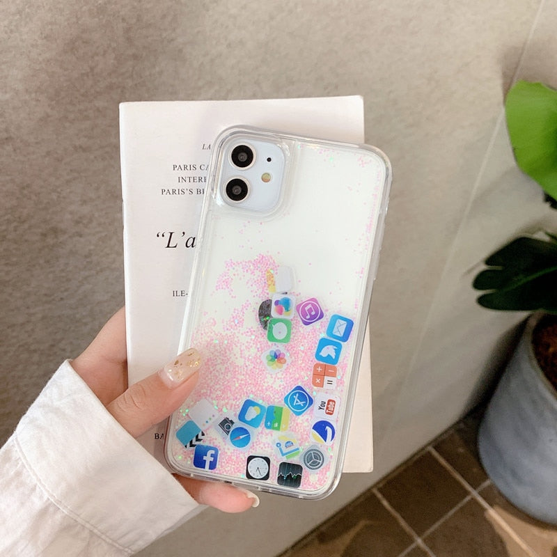 Dynamic Quicksand phone Cover for iphone 14 11 Pro Max 12 13 Cases Liquid Hard Case for iphone 7 8 Plus XR XS Cute App Icon Hood
