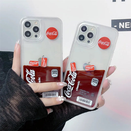Ins Drinks Label Brown Liquid Case for iphone 14 13 Pro Max 15 12 Hard Cover Transparent Fashion Floating Cola in Back Coque Cap