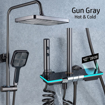 Hot Cold Mixer Rain Shower Set Bathroom LED Digital Thermostatic Shower System Bathtub Wall Mount Rainfall Luxury Shower System
