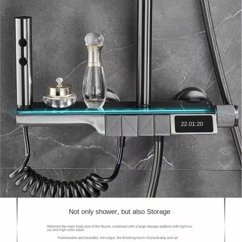 Wall Mounted Digital Display Ambient Light Button Four-Position Shower Set Thermostatic Shower System Bathroom Luxury Shower Set