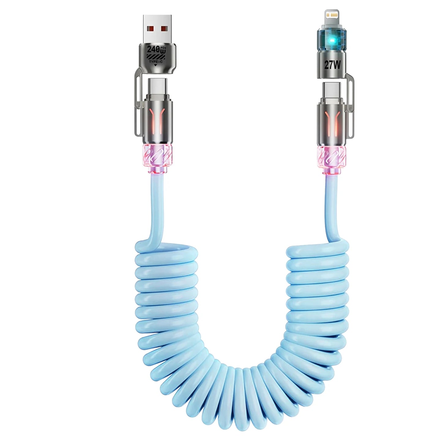 4 in 1 PD 240W Fast Charging Spring Cable USB Type C To Type C And Lightning Data Cable Wire For iPhone 15 16 Samsung Xiaomi