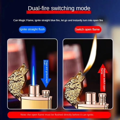 New Creative Wolf Head Double Flame Lighter Straight + Open Flame LED Light Visible Transom Inflatable Lighter Men's Gift