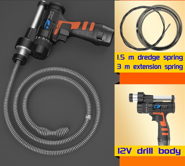 12V Sewer Dredger Electric Pipe Dredger House Hold Toilet Floor Drain Pipe Blockage Cleaning Tool Spring 1.5m/3m/4.5m/7.5m