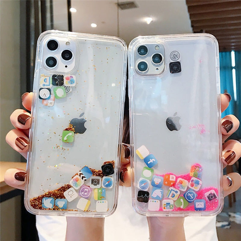 Dynamic Quicksand phone Cover for iphone 14 11 Pro Max 12 13 Cases Liquid Hard Case for iphone 7 8 Plus XR XS Cute App Icon Hood