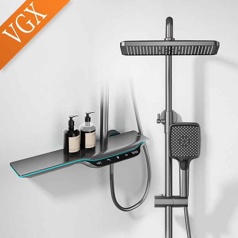 VGX Thermostatic Shower System Intelligent Digital Bathroom Shower Faucet Set Temperature Display Rainlfall Bathroom Shower Set