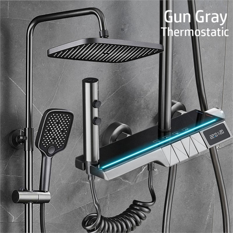 Wall Mounted Digital Display Ambient Light Button Four-Position Shower Set Thermostatic Shower System Bathroom Luxury Shower Set